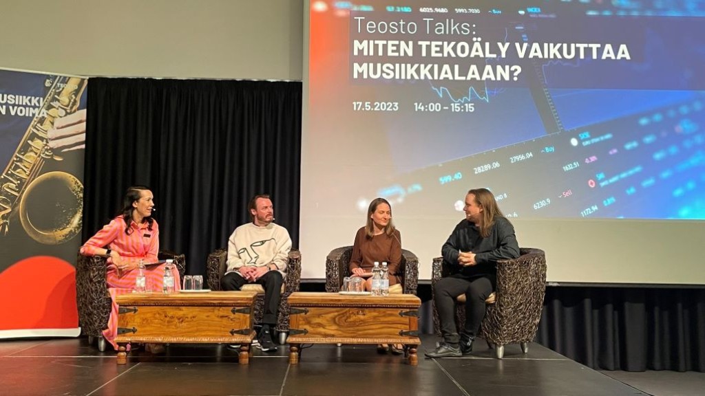 Teosto Talks paneelissa tekoälystä ja musiikista keskustelemassa Jukka Immonen, Jaana Pihkala ja Antti Rask