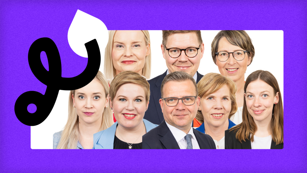 Puoluejohtajat Sofia Virta / Vihreät, Riikka Purra / Perussuomalaiset, Annika Saarikko / Keskusta, Petteri Orpo / Kokoomus, Antti Lindtman / SDP, Anna-Maja Henriksson / RKP ja Sari Essayah / Kristillisdemokraatit